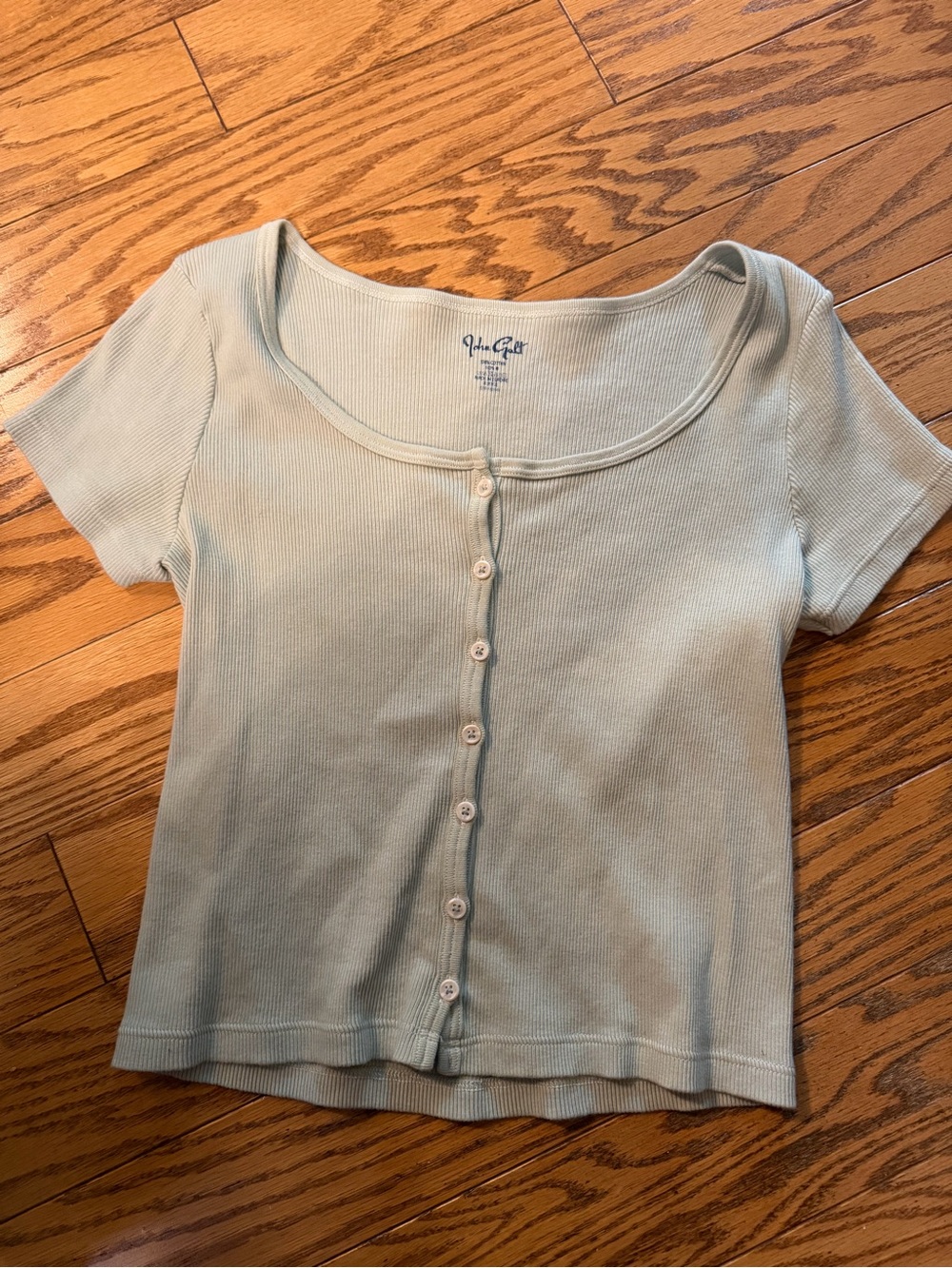 John Galt Sage/Very pale Green Ribbed Button-Up Crop Top